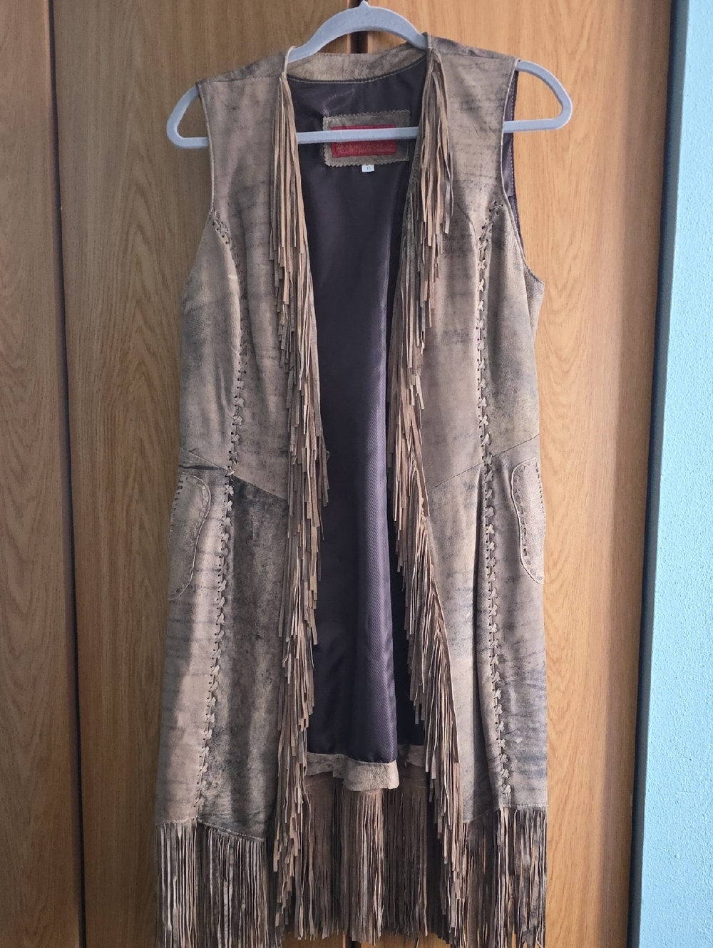 Fringed ELK hide Sleeveless Vest in Distressed Taupe